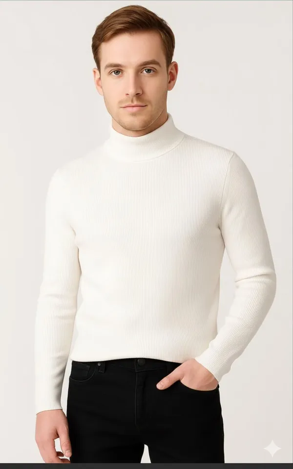 White_Wool_Blend_Solid_High_Neck_Casual_Sweater_For_Men