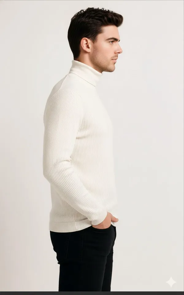 White_Wool_Blend_Solid_High_Neck_Casual_Sweater_For_Men