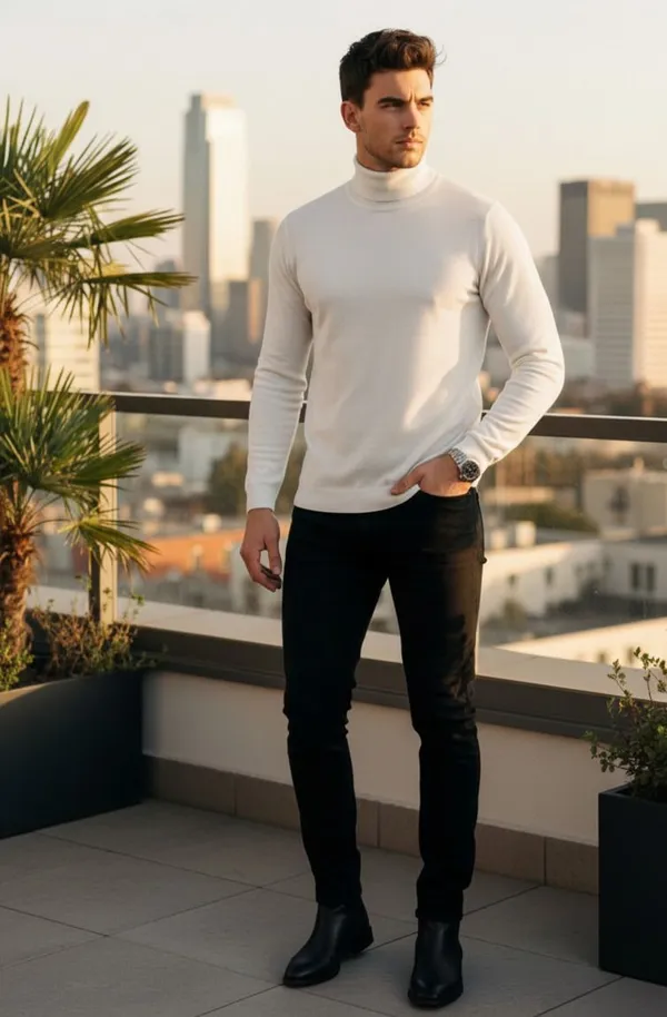White_Wool_Blend_Solid_High_Neck_Casual_Sweater_For_Men