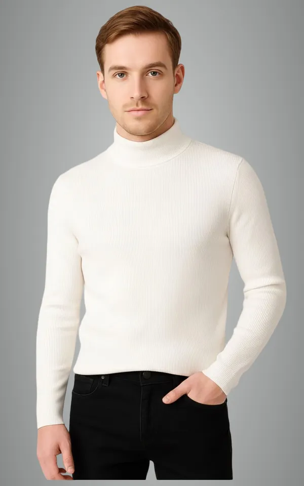 White_Wool_Blend_Solid_High_Neck_Casual_Sweater_For_Men