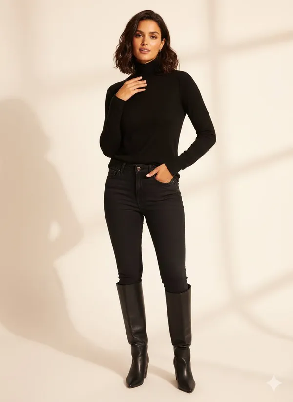 Black_Wool_Blend_Solid_High_Neck_Casual_Sweater_For_Women