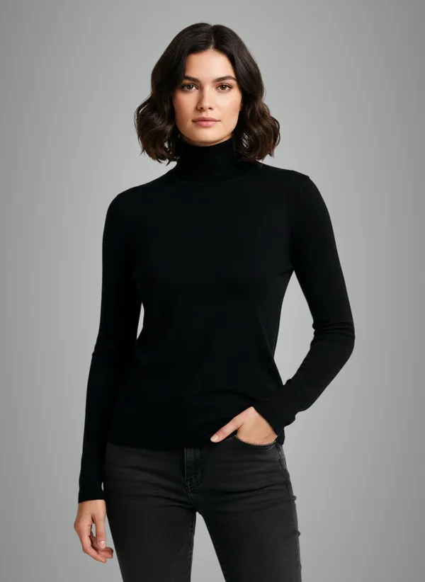 Black_Wool_Blend_Solid_High_Neck_Casual_Sweater_For_Women