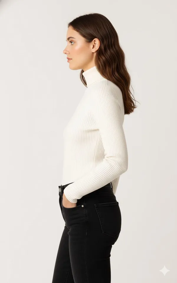 White_Wool_Blend_Solid_High_Neck_Casual_Sweater_For_Women