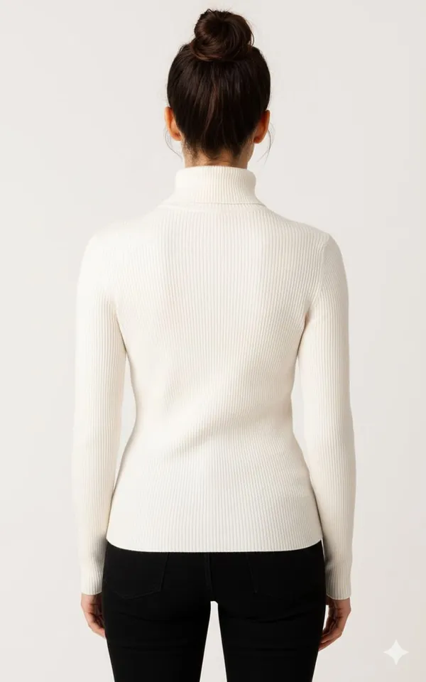 White_Wool_Blend_Solid_High_Neck_Casual_Sweater_For_Women