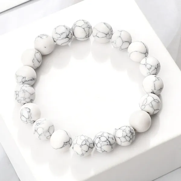 White_Natural_Howlite_Stone_Round_Bead_Bracelet_For_Unisex