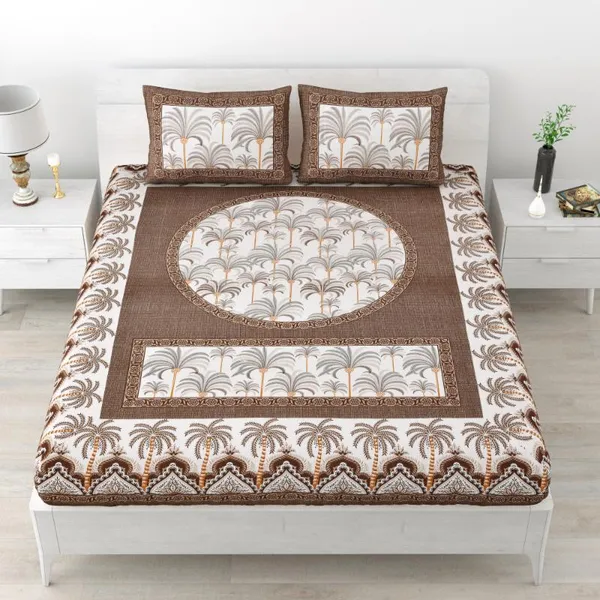 Elegant_Brown_Palm_Tree_Print_Cotton_Bedsheet_Set_with_Pillow_Covers