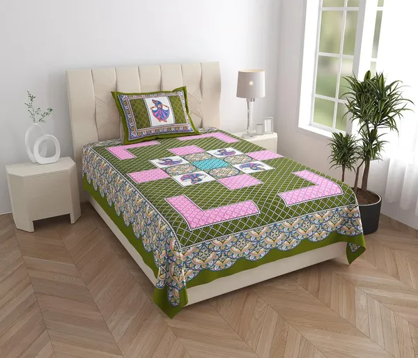 Mehandi_Soft_Cotton_Printed_Bedsheet_With_Pillow_Covers_For_Single_Size_Bed_(90_X_63_X_15_Inch)