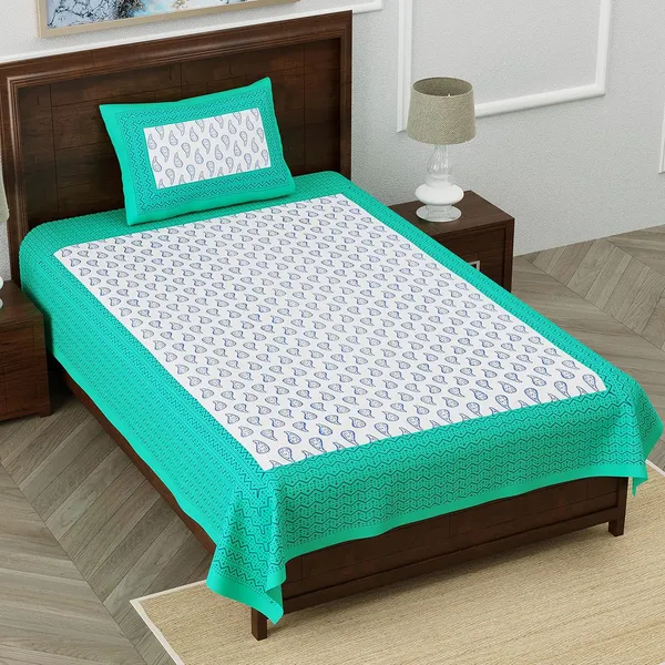 Sea_Green_Soft_Cotton_Printed_Bedsheet_With_Pillow_Covers_For_Single_Size_Bed_(90_X_63_X_15_Inch)