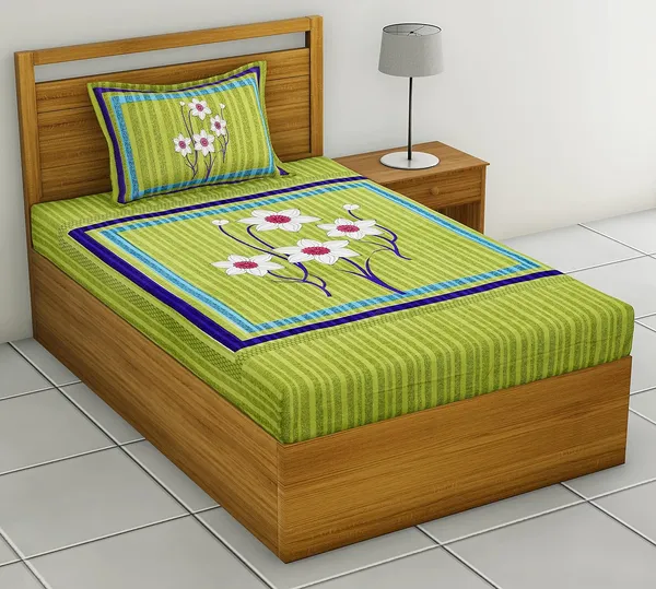 Light_Green_Soft_Cotton_Printed_Bedsheet_With_Pillow_Covers_For_Single_Size_Bed_(90_X_63_X_15_Inch)