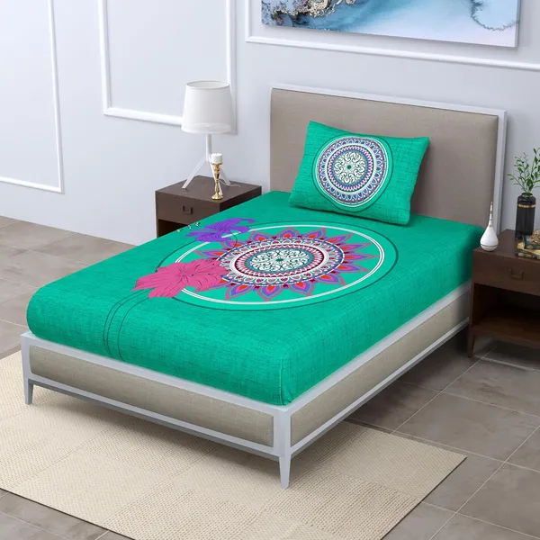 Green_Soft_Cotton_Printed_Bedsheet_With_Pillow_Covers_For_Single_Size_Bed_(90_X_63_X_15_Inch)