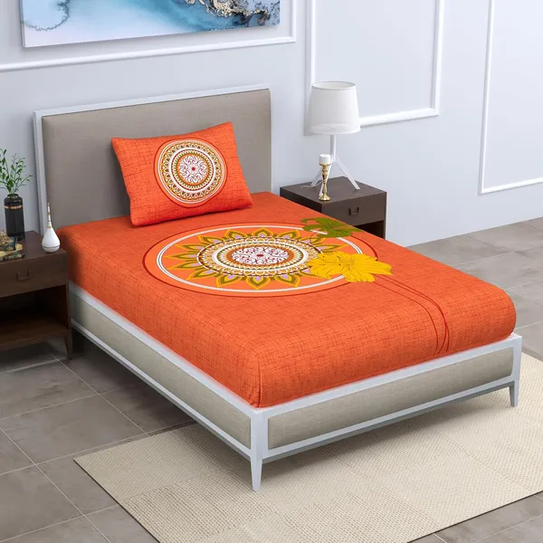 Orange_Soft_Cotton_Printed_Bedsheet_With_Pillow_Covers_For_Single_Size_Bed_(90_X_63_X_15_Inch)