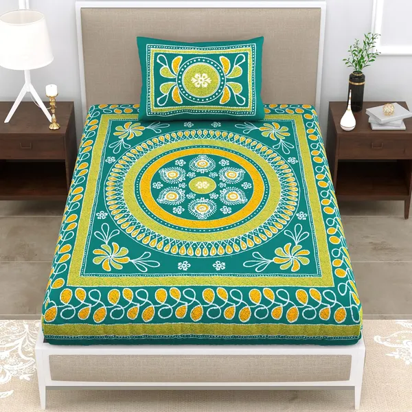 Green_Soft_Cotton_Printed_Bedsheet_With_Pillow_Covers_For_Single_Size_Bed_(90_X_63_X_15_Inch)