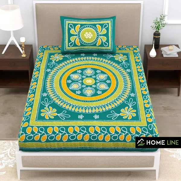 Green_Soft_Cotton_Printed_Bedsheet_With_Pillow_Covers_For_Single_Size_Bed_(90_X_63_X_15_Inch)