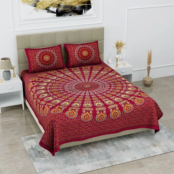 Dark_Red_Soft_Cotton_Printed_Bedsheet_With_Pillow_Covers_For_Double_Size_Bed_(100_X_90_X_17_Inch)