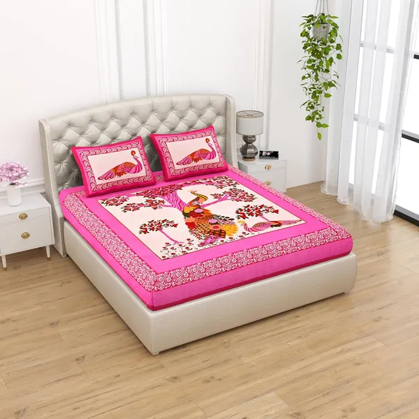 Pink_Soft_Cotton_Printed_Bedsheet_With_Pillow_Covers_For_Double_Size_Bed_(100_X_90_X_17_Inch)