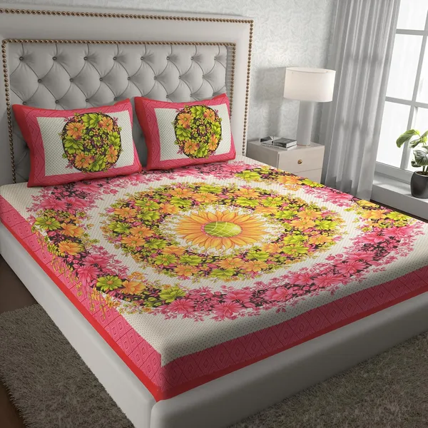 Pink_Soft_Cotton_Printed_Bedsheet_With_Pillow_Covers_For_Double_Size_Bed_(100_X_90_X_17_Inch)