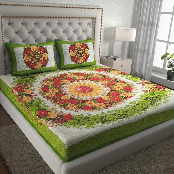 Green_Soft_Cotton_Printed_Bedsheet_With_Pillow_Covers_For_Double_Size_Bed_(100_X_90_X_17_Inch)
