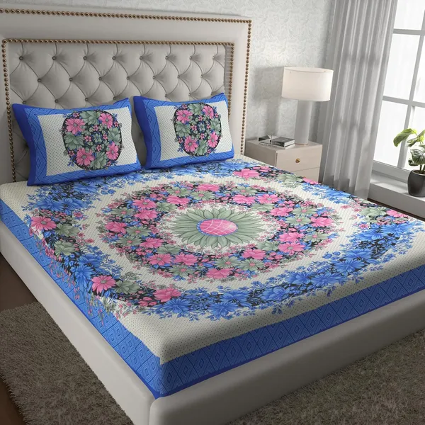 Blue_Soft_Cotton_Printed_Bedsheet_With_Pillow_Covers_For_Double_Size_Bed_(100_X_90_X_17_Inch)