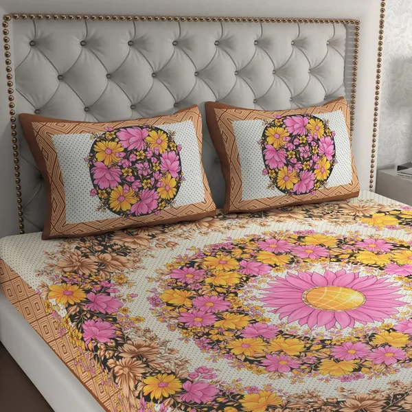 Light_Brown_Soft_Cotton_Printed_Bedsheet_With_Pillow_Covers_For_Double_Size_Bed_(100_X_90_X_17_Inch)