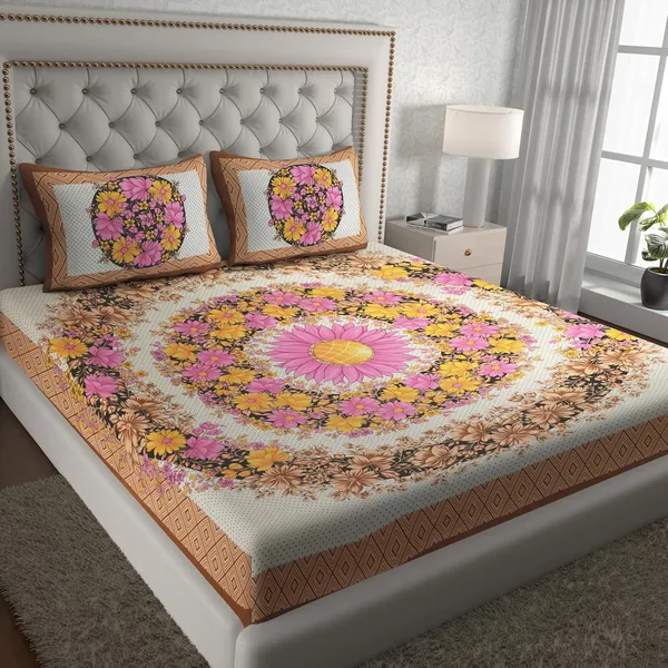 Light_Brown_Soft_Cotton_Printed_Bedsheet_With_Pillow_Covers_For_Double_Size_Bed_(100_X_90_X_17_Inch)