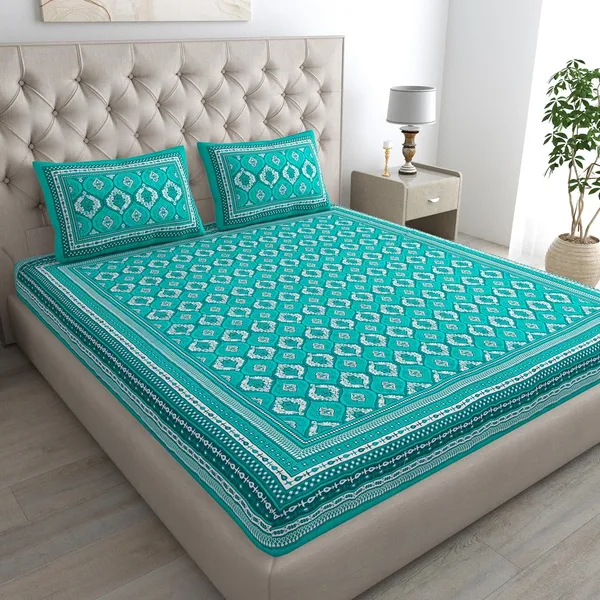 Teal_Green_Soft_Cotton_Printed_Bedsheet_With_Pillow_Covers_For_Double_Size_Bed_(100_X_90_X_17_Inch)