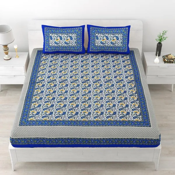 Elegant_Blue_Floral_Cotton_Bedsheet_Set_with_Matching_Pillow_Covers