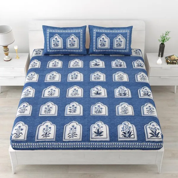Rajasthani_Arch_Motif_Cotton_Bedsheet_Set_in_Royal_blue