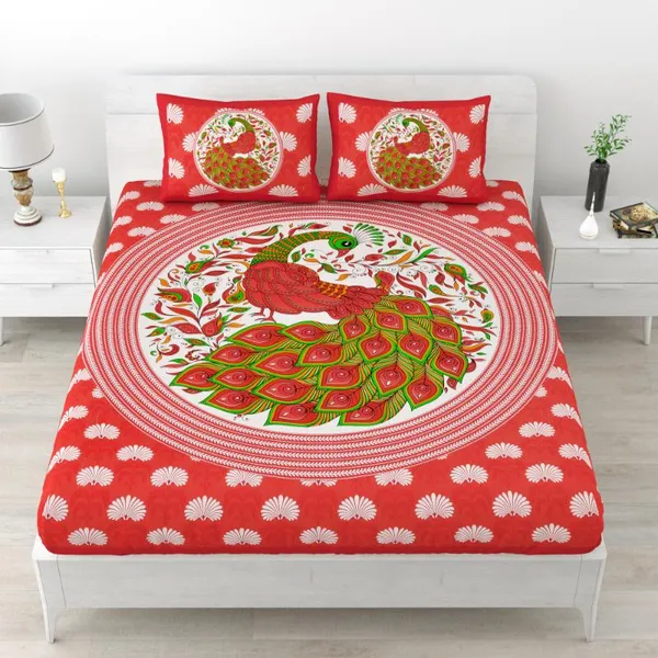 Ethnic_Peacock_Motif_Red_Bedsheet_Set_with_Coordinated_Pillow_Covers