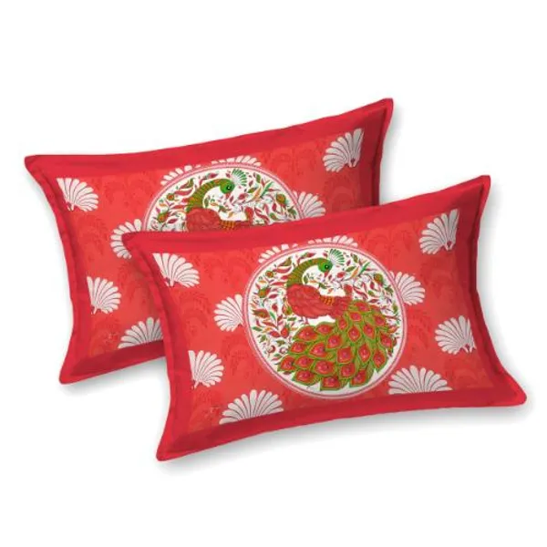 Ethnic_Peacock_Motif_Red_Bedsheet_Set_with_Coordinated_Pillow_Covers