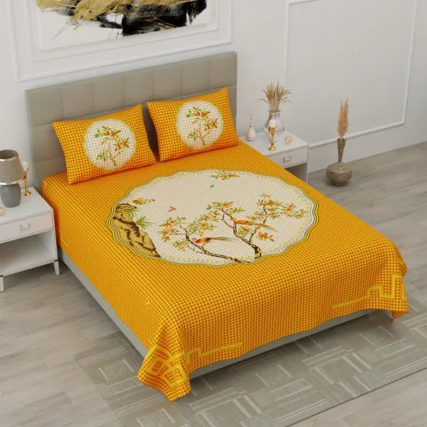 Elegant_Mustard_Floral_Print_Cotton_Bedsheet_Set_with_Matching_Pillow_Covers