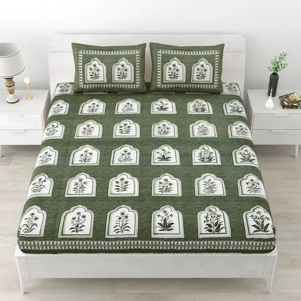 green_Ethnic_Print_Cotton_Bedsheet_with_2_Pillow_Covers