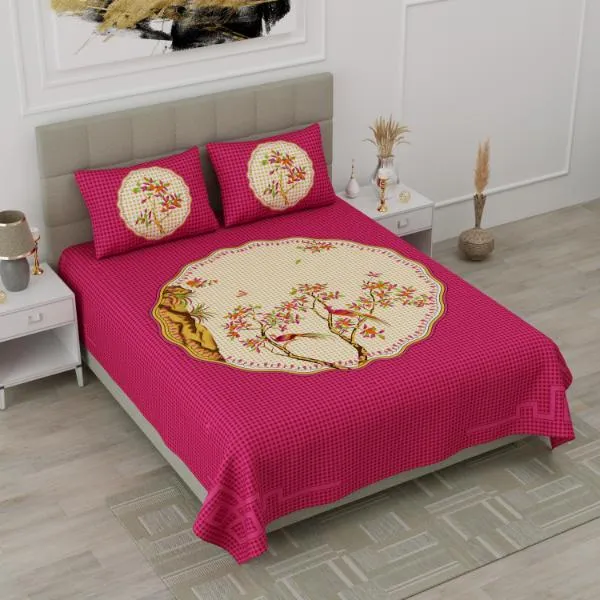 Handcrafted_Floral_Medallion_Cotton_Bedsheet_Set_in_Mustard_mahroon