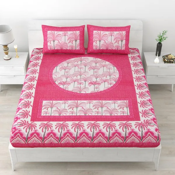 Brown_Palm_Print_Cotton_Bedsheet_with_2_Pillow_Covers