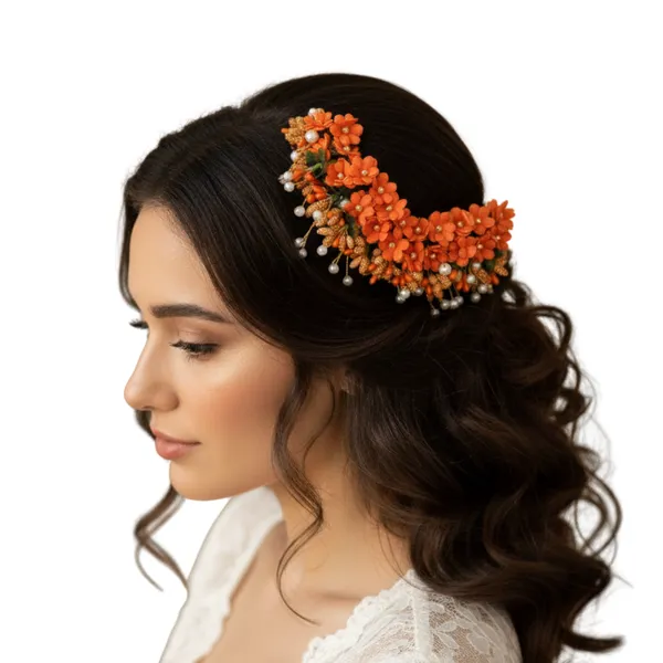 Orange_Plastic_Premium_&_Elegant_Gulabi_Floral_Bridal_Hair_Clip_For_Women_&_Girls