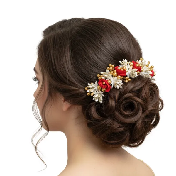 White_&_Orange_Plastic_Premium_&_Elegant_Red_Bridal_Bun_Gajra_Hair_Accessory_For_Women_&_Girls
