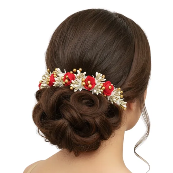 White_&_Orange_Plastic_Premium_&_Elegant_Red_Bridal_Bun_Gajra_Hair_Accessory_For_Women_&_Girls