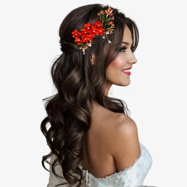 Orange_Plastic_Premium_&_Elegant_Pearl_Artificial_Bridal_Hair_Flower_Clip_For_Women_&_Girls