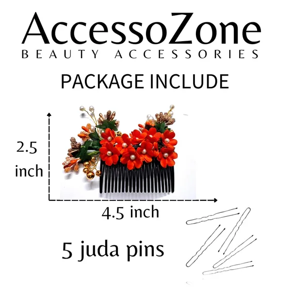 Orange_Plastic_Premium_&_Elegant_Pearl_Artificial_Bridal_Hair_Flower_Clip_For_Women_&_Girls