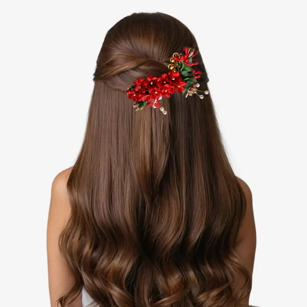 Red_Plastic_Premium_&_Elegant_Pearl_Artificial_Bridal_Hair_Flower_Clip_For_Women_&_Girls