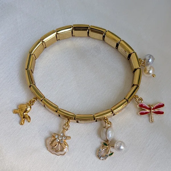 Playful_Gold_Plated_Charm_Bracelet_with_Pearl,_Dragonfly_&_Bow_Charms_Accents