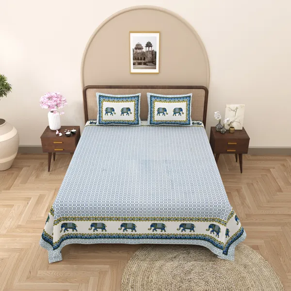 Blue_Elephant_Border_Cotton_Double_Bed_Sheet_With_Pillows