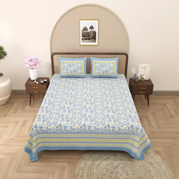 Light_Blue_With_Yellow_Border_Cotton_Double_Bed_Sheet_With_Pillows