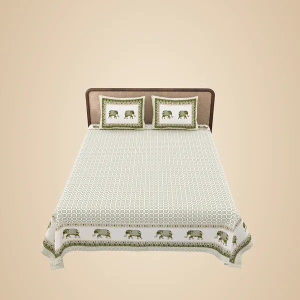 Light_Green_Elephant_Border_Cotton_Double_Bed_Sheet_With_Pillows