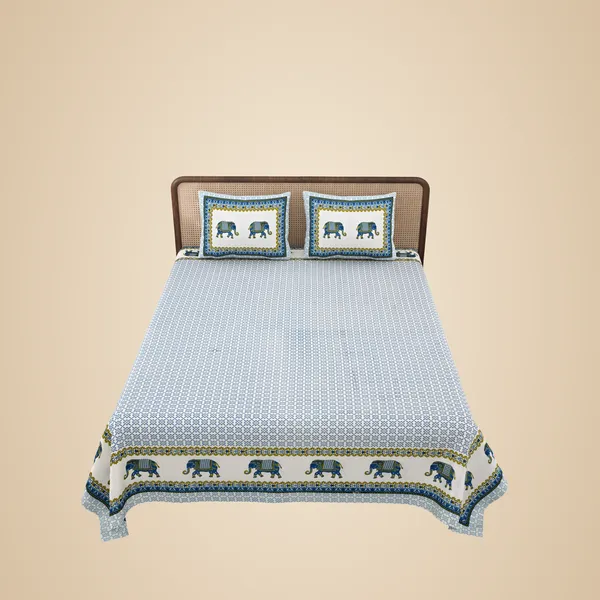 Blue_Elephant_Border_Cotton_Double_Bed_Sheet_With_Pillows