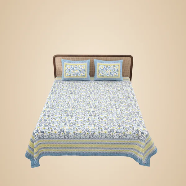 Light_Blue_With_Yellow_Border_Cotton_Double_Bed_Sheet_With_Pillows