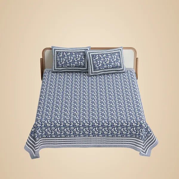 Dark_Blue_Floral_Cotton_Double_Bed_Sheet_With_Pillows