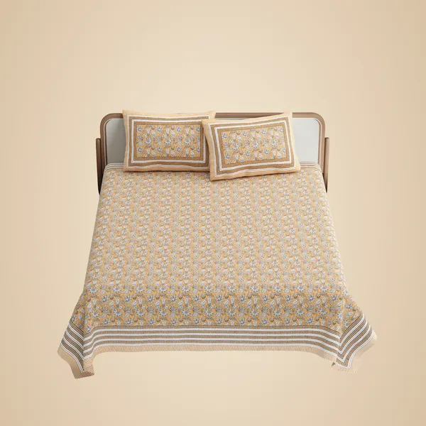 Yellow_Floral_Cotton_Double_Bed_Sheet_With_Pillows