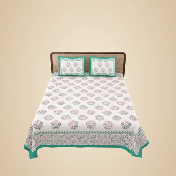 Rama_Green_And_Pink_Floral_Print_Cotton_Double_Bed_Sheet_With_Pillows