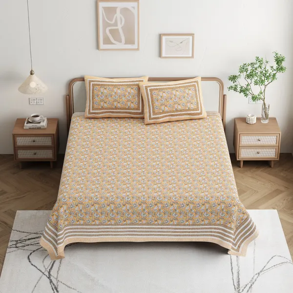 Yellow_Floral_Cotton_Double_Bed_Sheet_With_Pillows