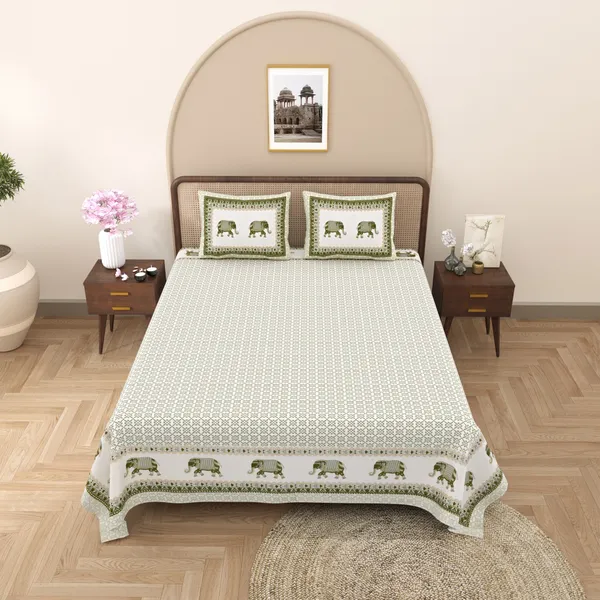 Light_Green_Elephant_Border_Cotton_Double_Bed_Sheet_With_Pillows